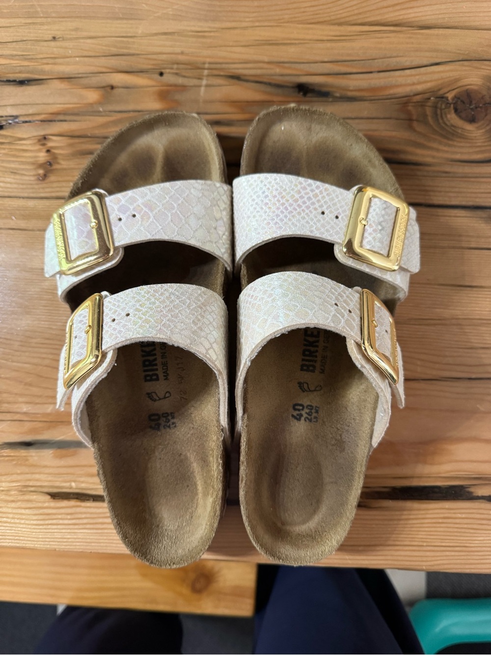 Birkenstock Two-Strap Sandal in Shiny Snake Cream with Gold Buckles